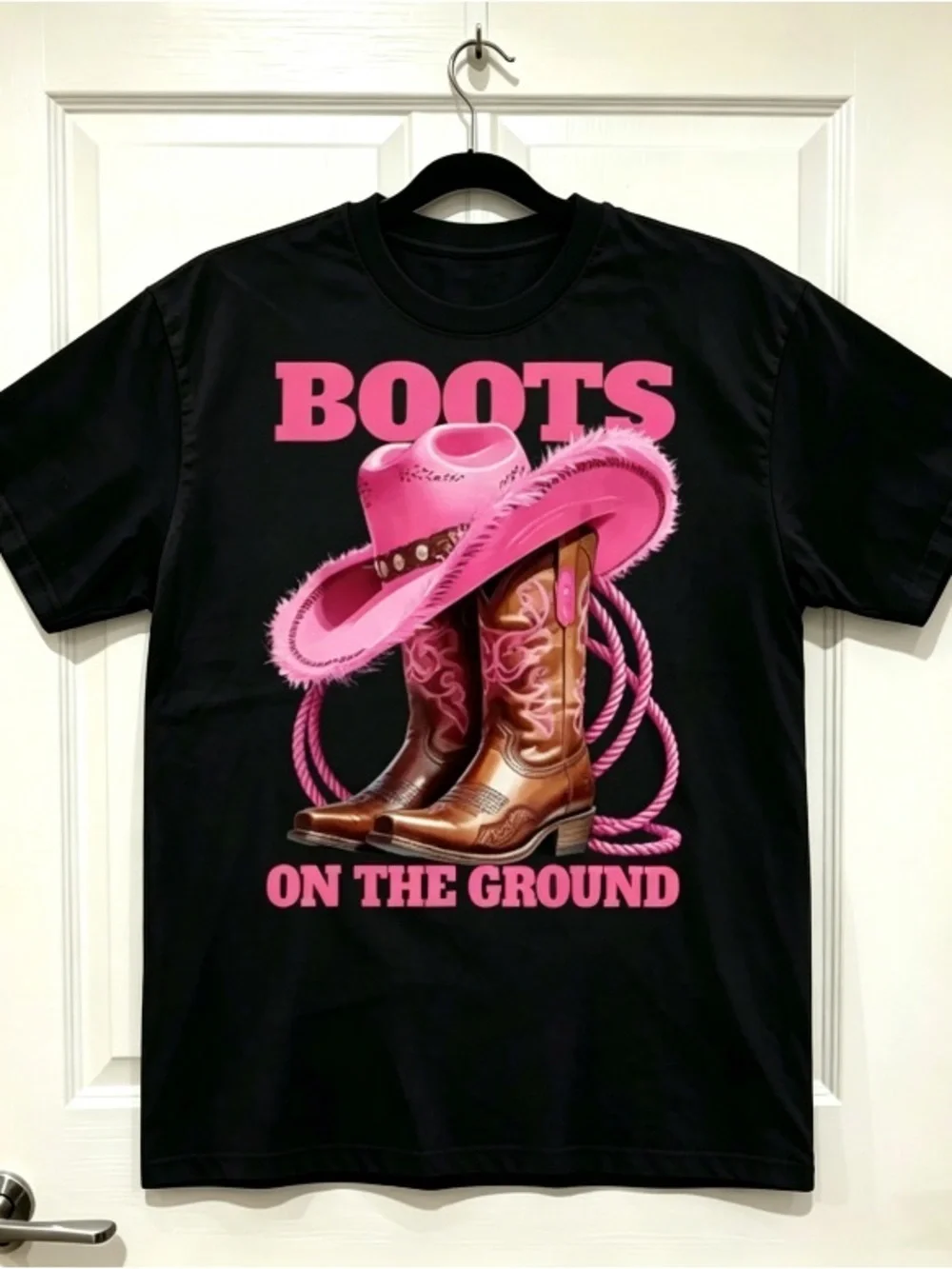 Pink denim hat denim boots printed black T-shirt Unisex